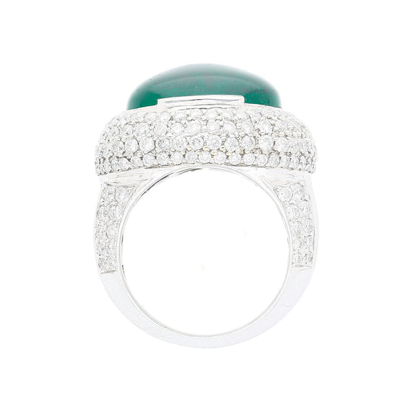 AGL Certified 10 Carat Cabochon Cut Minor Oil Emerald and Diamond Cluster Ring in 18K White Gold