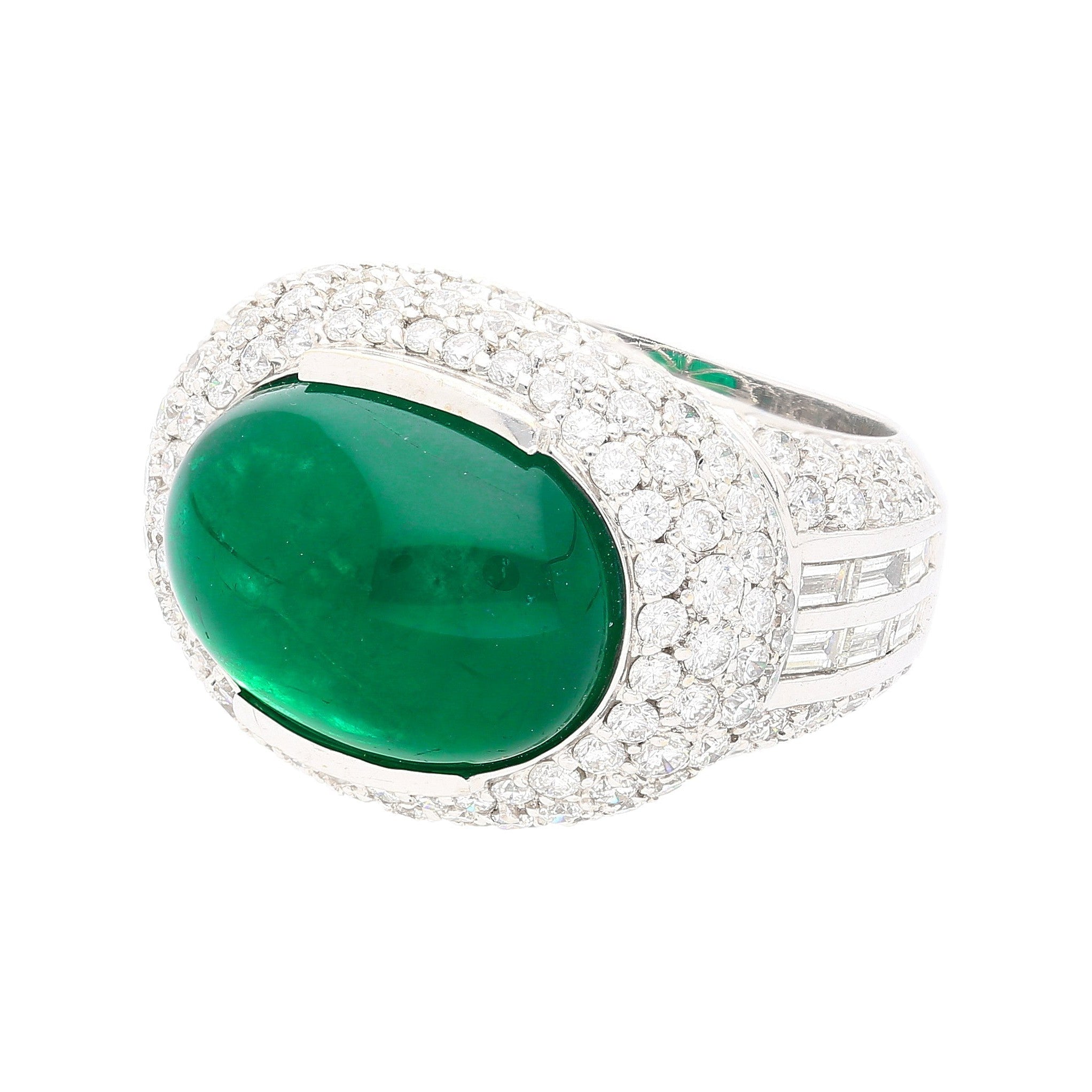 AGL Certified 10 Carat Cabochon Cut Minor Oil Emerald and Diamond Cluster Ring in 18K White Gold-Rings-ASSAY