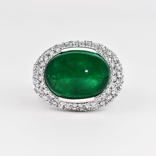 AGL Certified 10 Carat Cabochon Cut Minor Oil Emerald and Diamond Cluster Ring in 18K White Gold