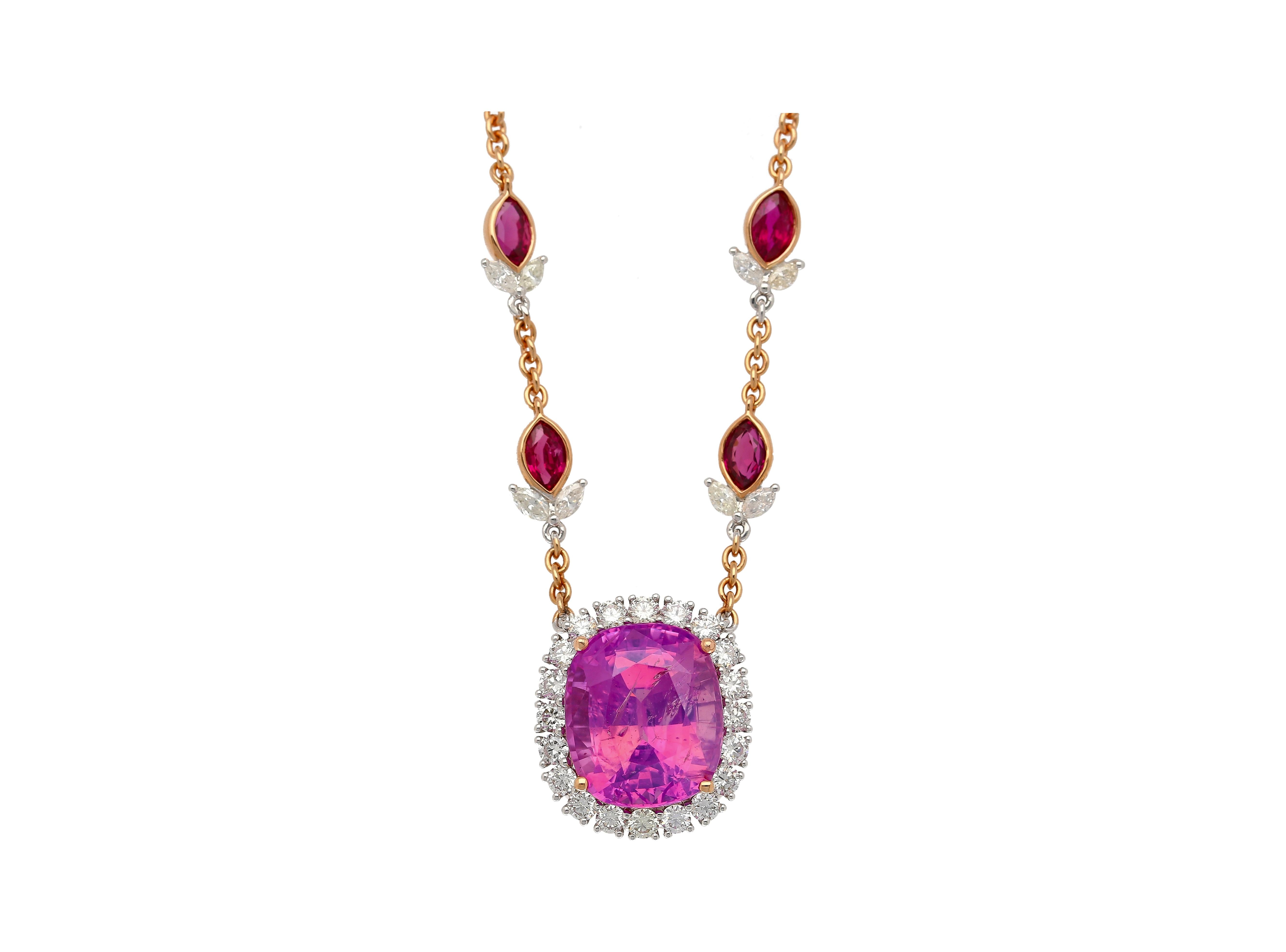 AGL Certified 10.26 Carat Cushion Cut Pink Sapphire, Ruby, & Diamond Necklace