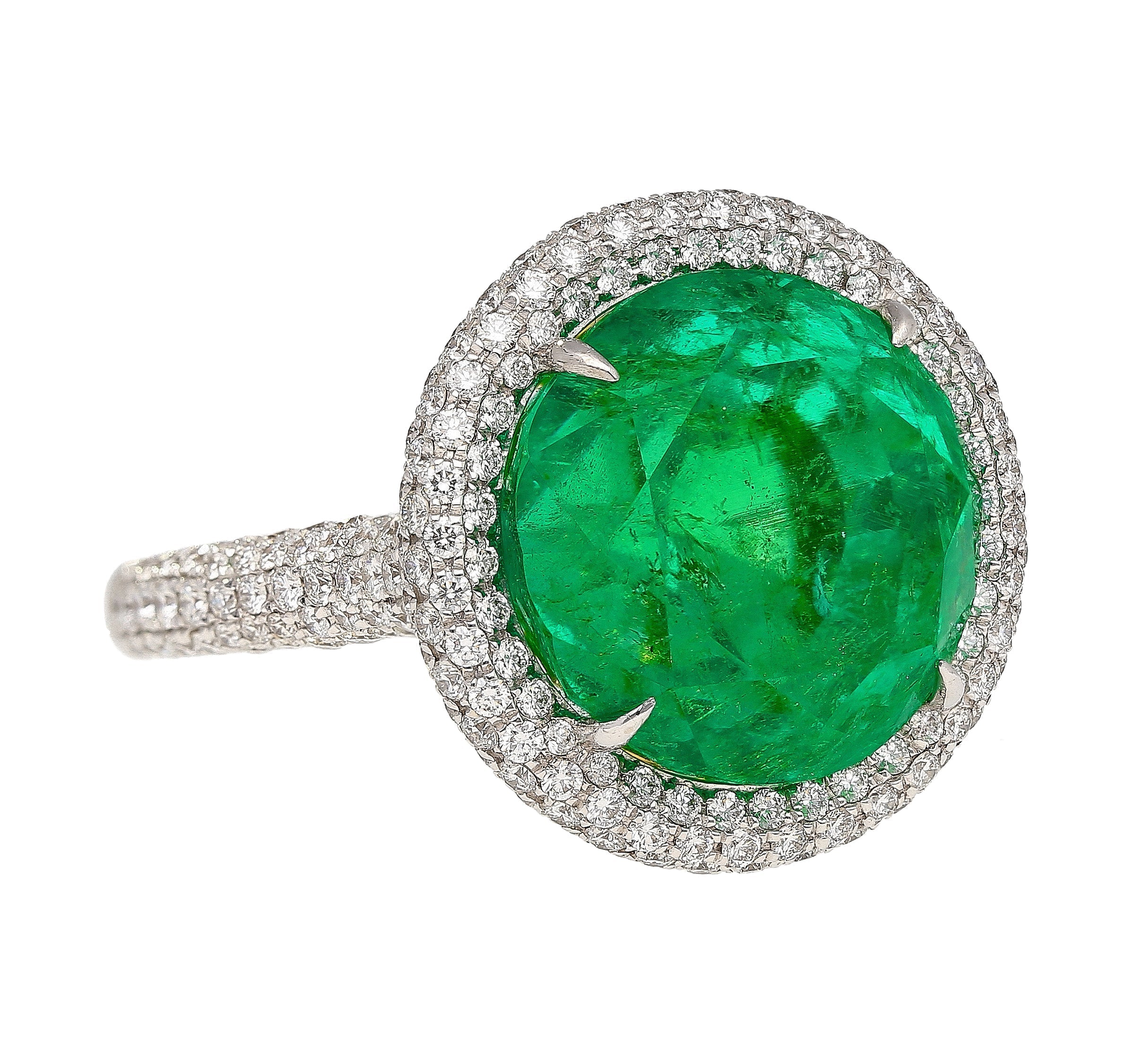 AGL Certified 15 Carat Round Cut Colombian Emerald and Diamond Halo Ring-Rings-ASSAY