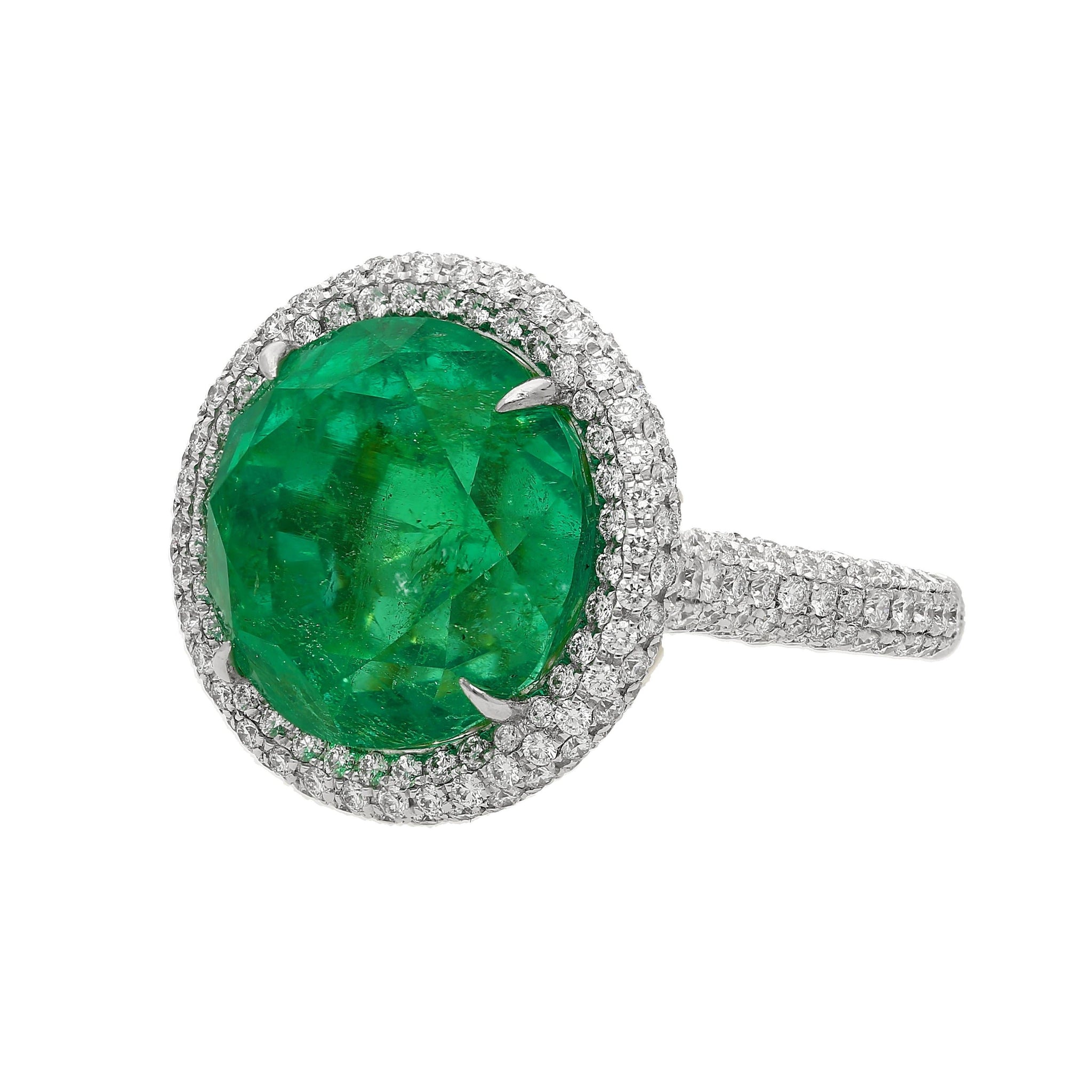 AGL Cert. 15 Carat Round Cut Colombian Emerald Diamond Halo Ring