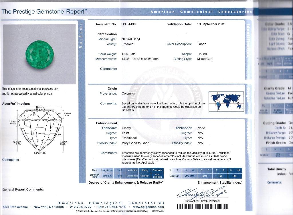 AGL Cert. 15 Carat Round Cut Colombian Emerald Diamond Halo Ring