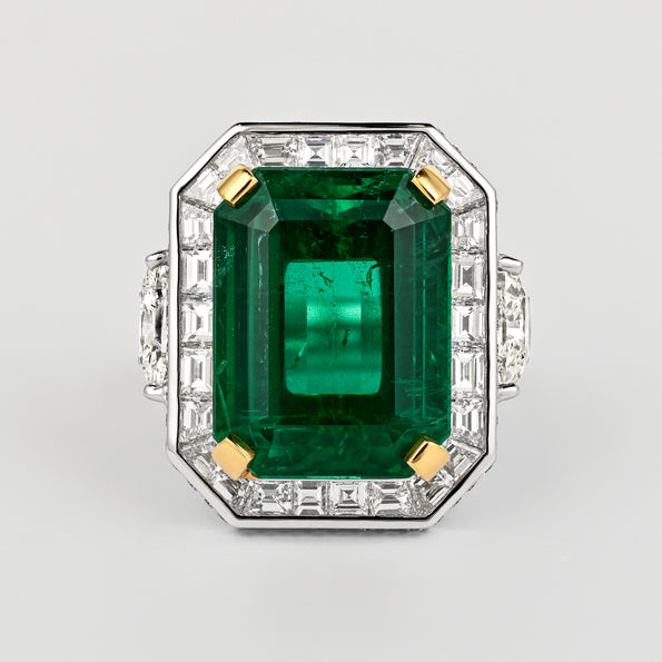 AGL Certified 15.78 Carat No Oil Emerald and Half Moon Cut Diamond Ring