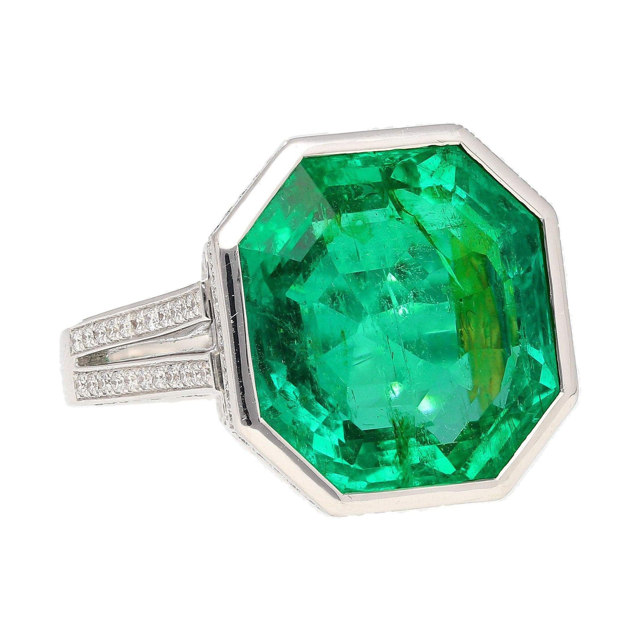 AGL Certified 17 Carat Octagonal Cut Minor Oil Colombian Emerald Ring-Rings-ASSAY