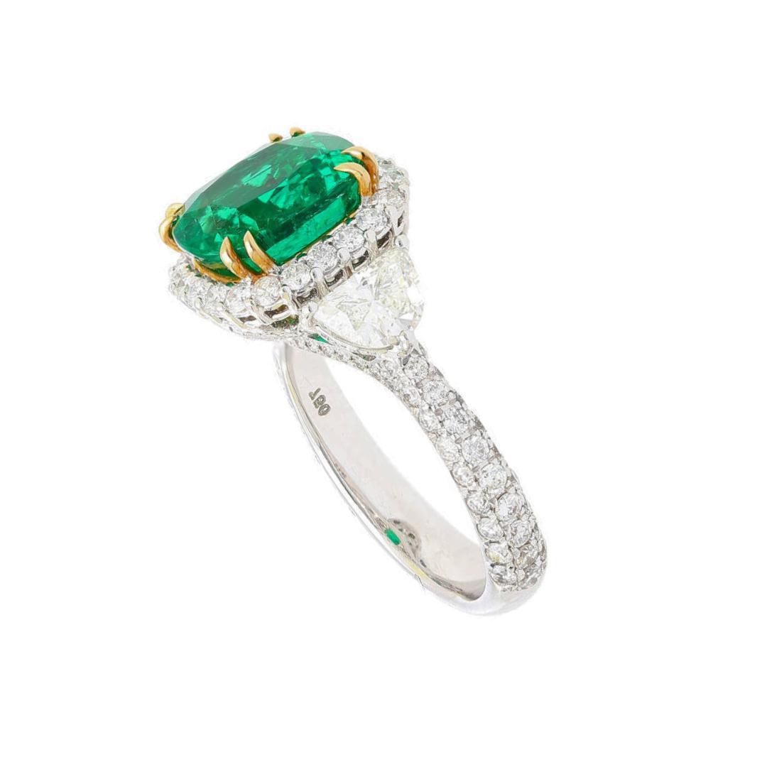 AGL Certified 3.52 Carat Cushion Colombian Emerald & Half Moon Diamond Ring