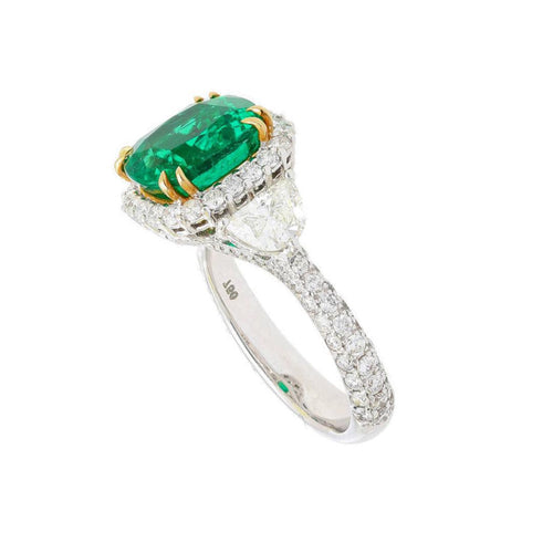 AGL Certified 3.52ct Cushion Colombian Emerald Half Moon Diamond Ring