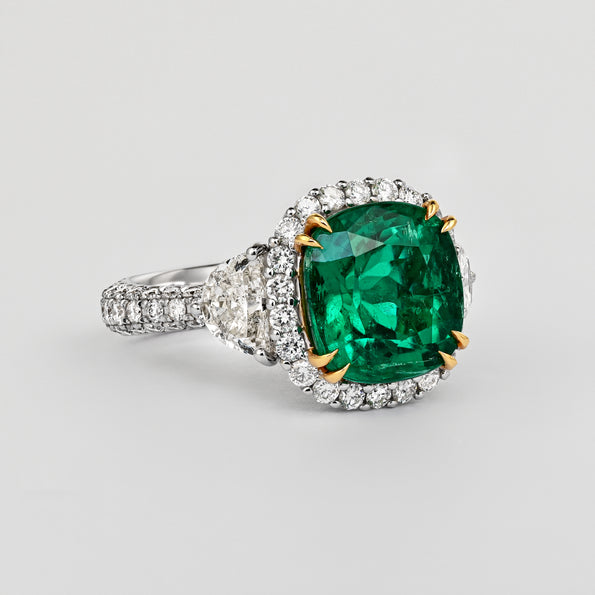 AGL Certified 3.52 Carat Cushion Colombian Emerald Ring with Half Moon Diamonds