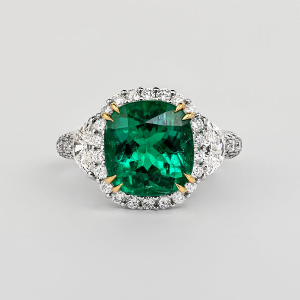 AGL Certified 3.52 Carat Cushion Colombian Emerald Ring with Half Moon Diamonds
