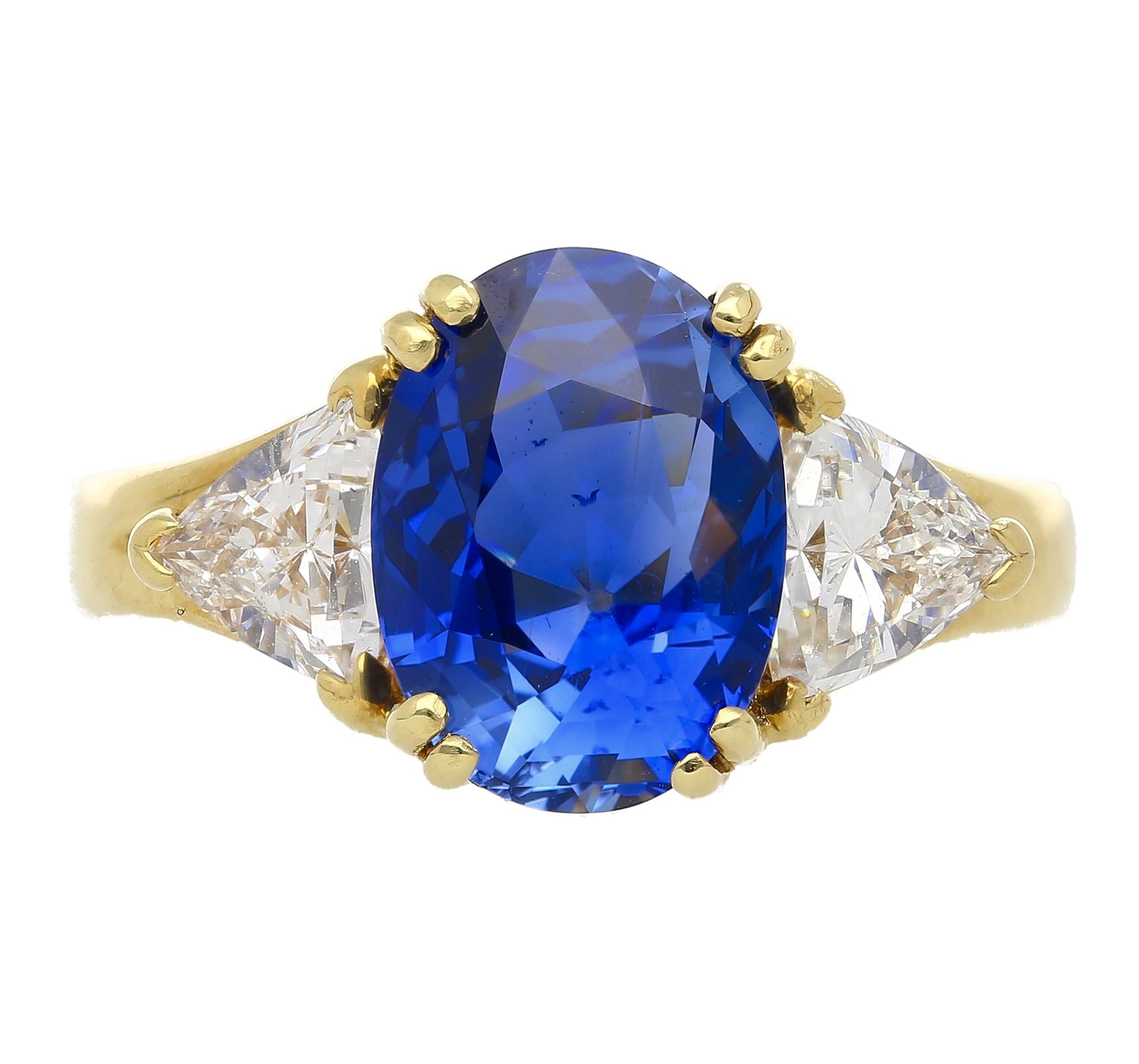 AGL Certified 4.49 Carat Burma No Heat Blue Sapphire and Diamond 3 Stone Ring