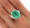 AGL Certified 7.36 Carat No Oil Cushion-Cut Colombian Emerald & Half Moon Cut Diamonds Ring