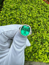 AGL Certified 7.36 Carat No Oil Cushion-Cut Colombian Emerald & Half Moon Cut Diamonds Ring