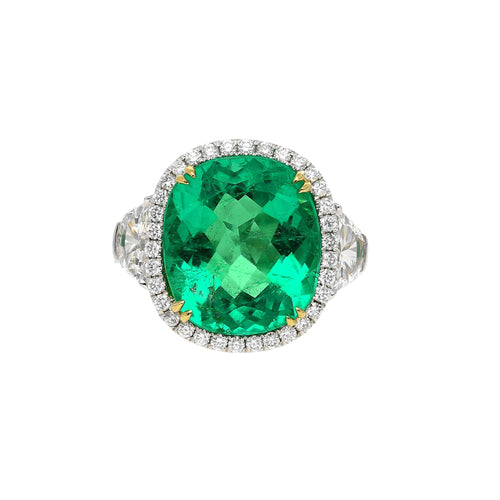 AGL Certified 7.36 Carat No Oil Cushion-Cut Colombian Emerald & Half Moon Cut Diamonds Ring