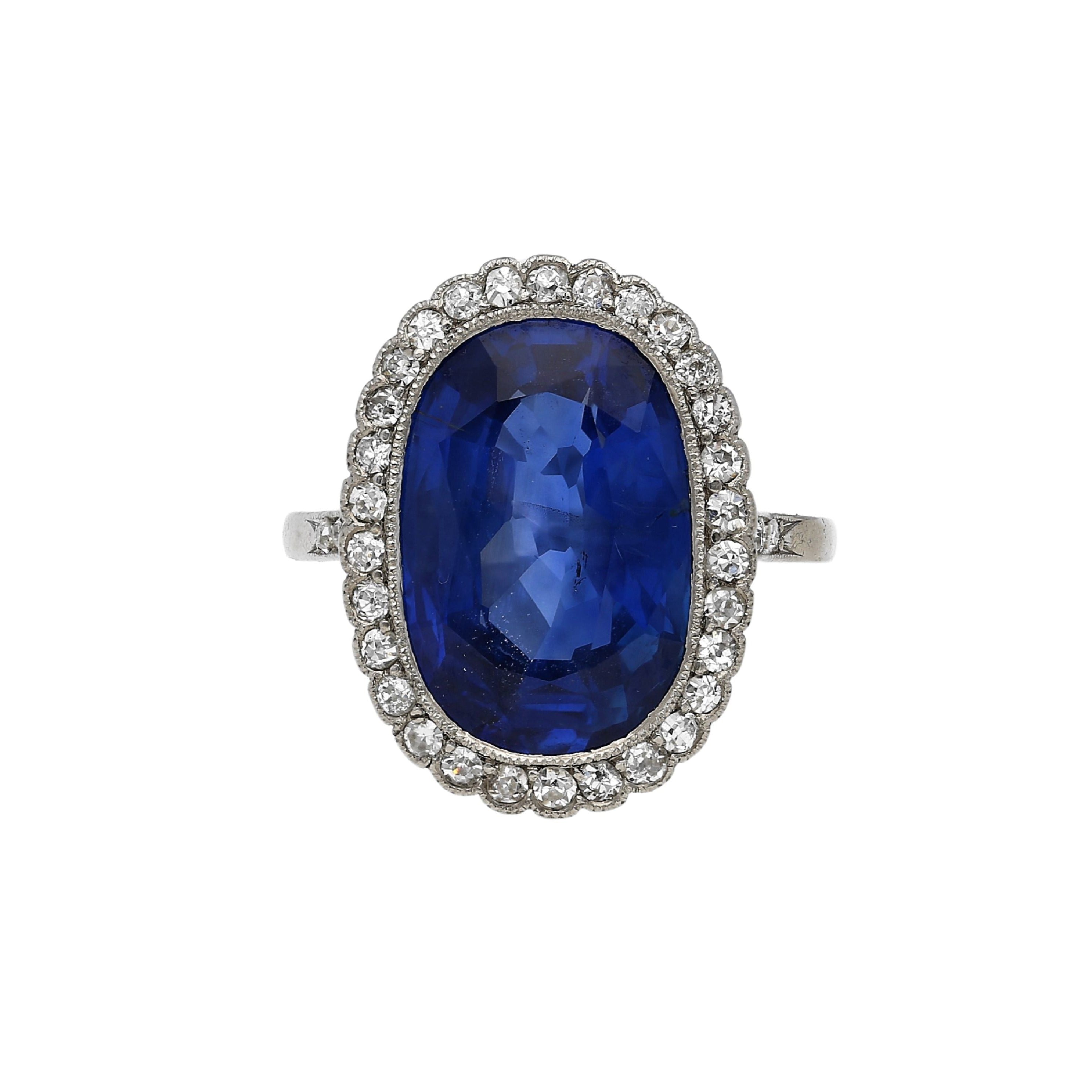 AGL Certified 7.76 Carat No Heat Burma Oval Blue Sapphire Vintage Edwardian Ring in Platinum-Rings-ASSAY