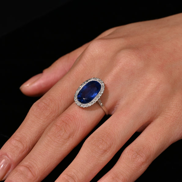 AGL Certified 7.76 Carat No Heat Burma Blue Sapphire Edwardian Ring