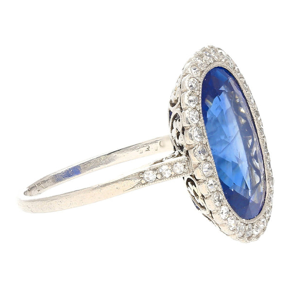 AGL Certified 7.76 Carat No Heat Burma Blue Sapphire Edwardian Ring