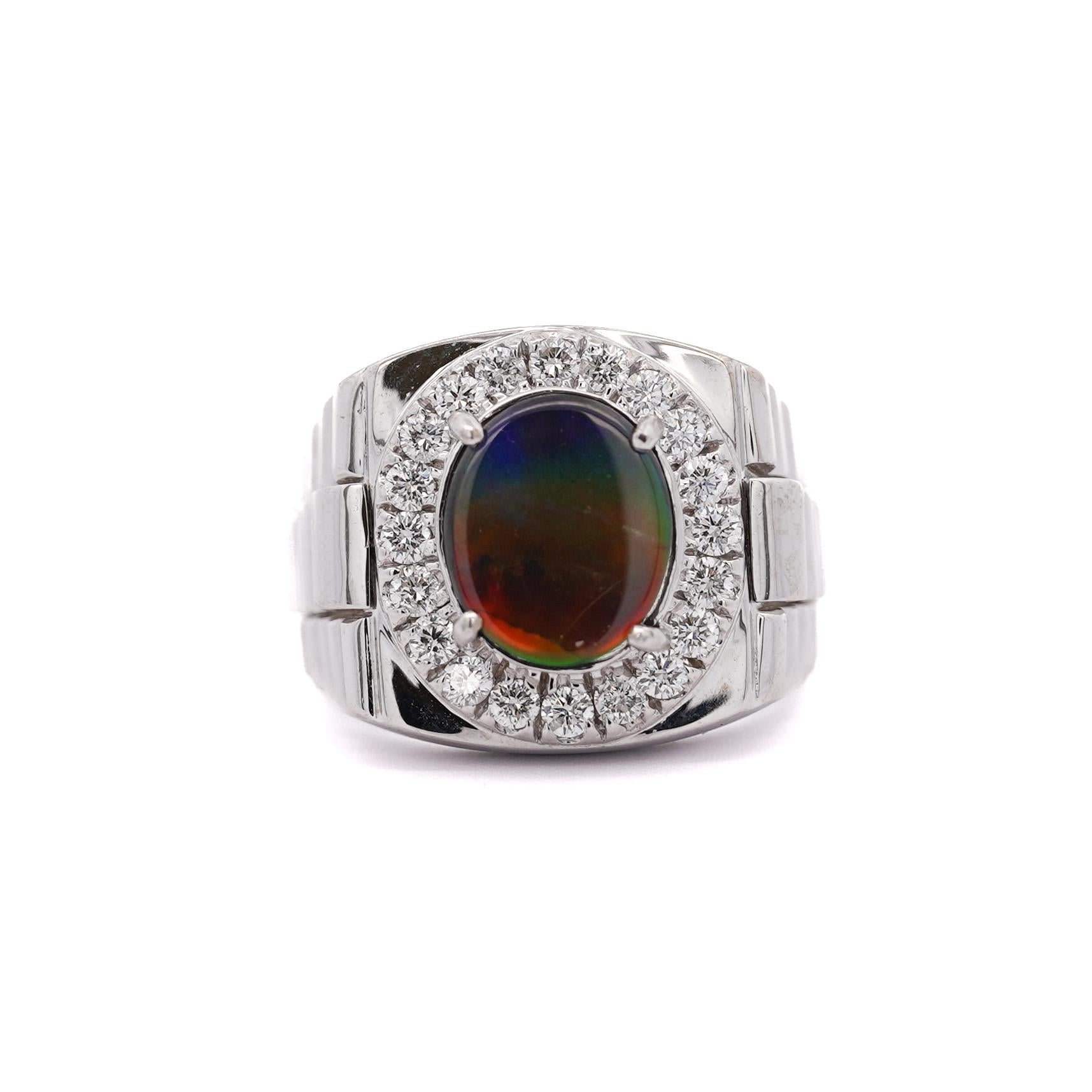 Ammolite & Diamond Halo in 14K White Gold Men's Statement Ring