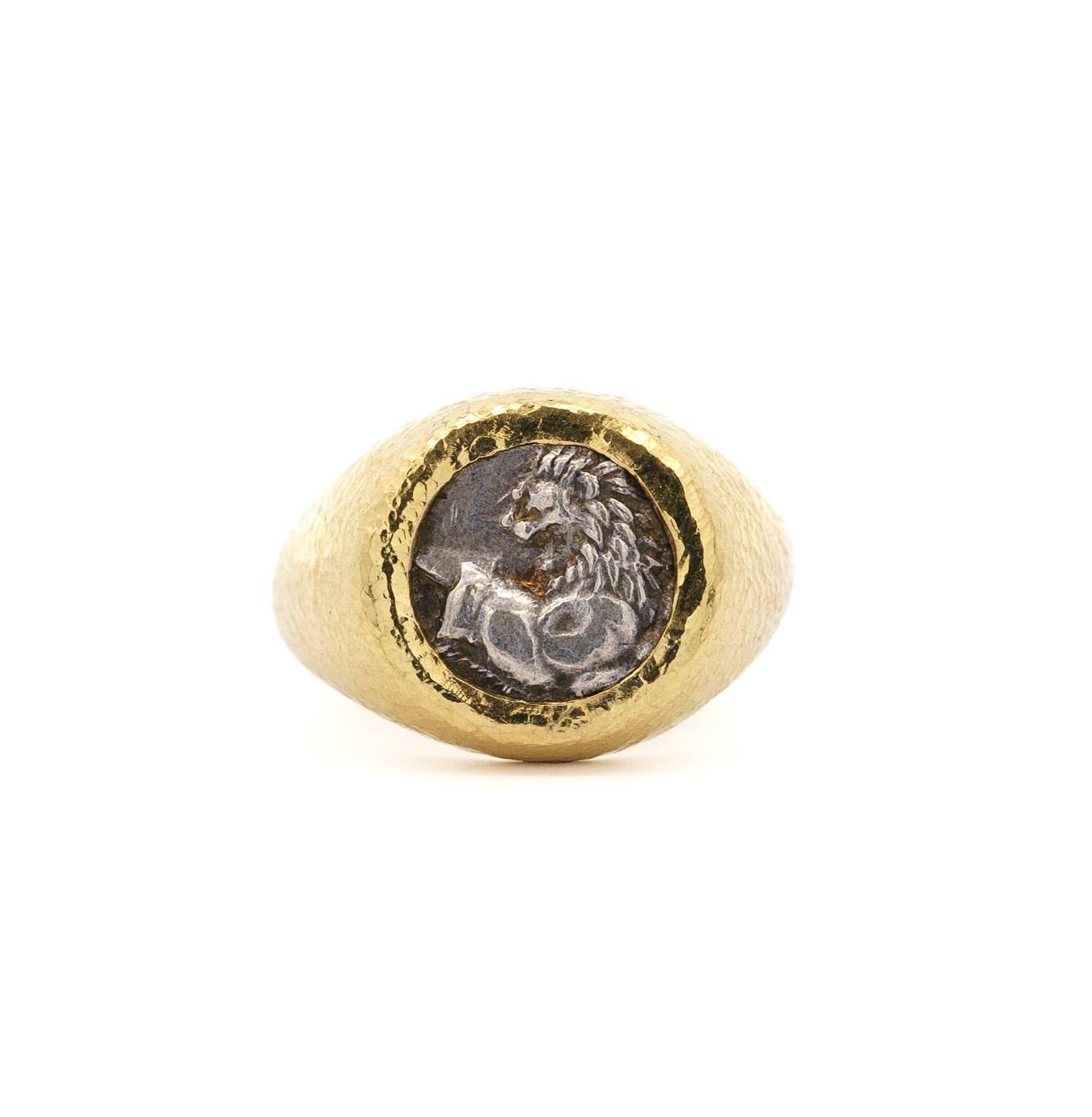 Ancient Greek Lion Hemidrachm 400 BC In 20K Gold with Hammered Finish Mens Ring