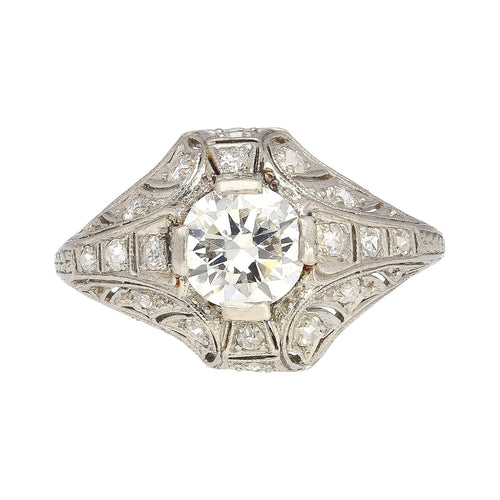 Antique Art Deco Era Platinum 1 Carat Old European Cut Diamond Ring