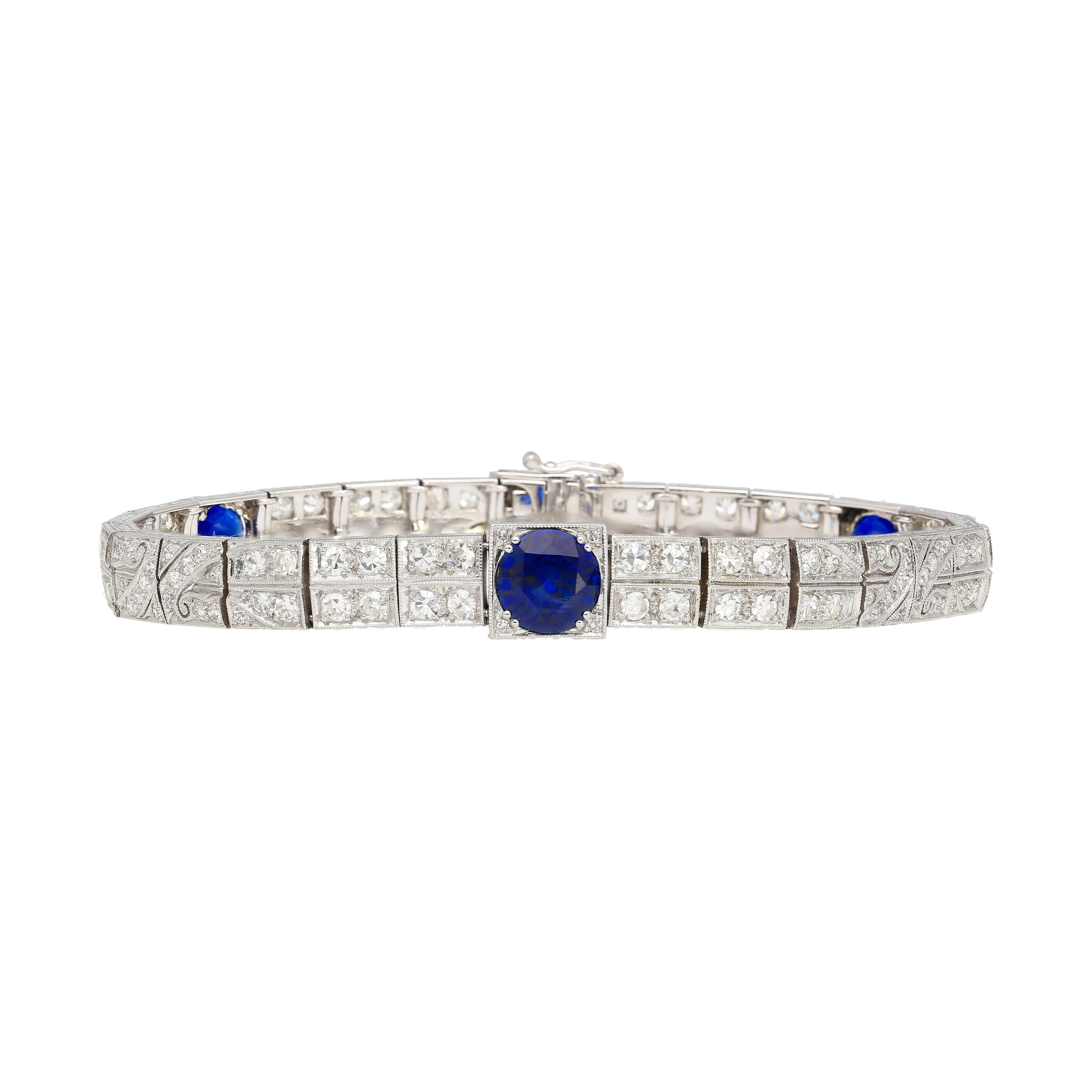 Antique Art Deco Platinum Filigree Blue Sapphire & Diamond Bracelet