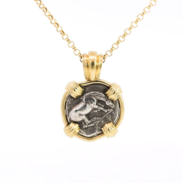 Antique Larissa Greek Coin in 18K Gold Frame Pendant