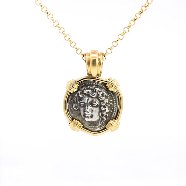Antique Larissa Greek Coin in 18K Gold Frame Pendant