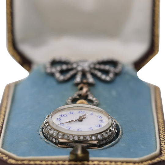Antique Maison Aucoc Paris Diamond Guilloché Enamel 18K Lapel Bow Brooch Watch