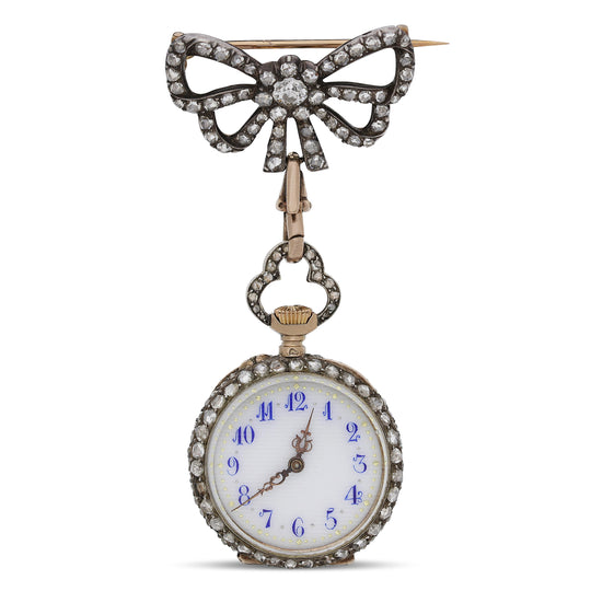 Antique Maison Aucoc Paris Diamond Guilloché Enamel 18K Lapel Bow Brooch Watch
