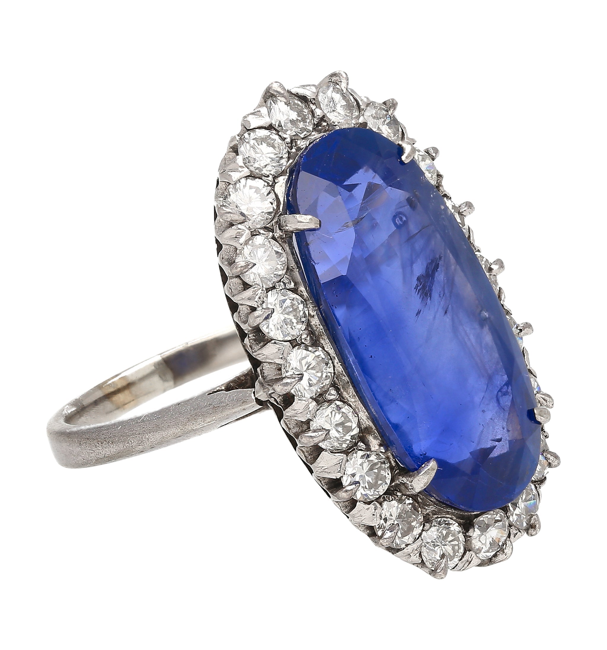 Antique Old Mine 11.3 Carat No Heat Burma Blue Sapphire & Diamond Halo Ring in Platinum-Rings-ASSAY