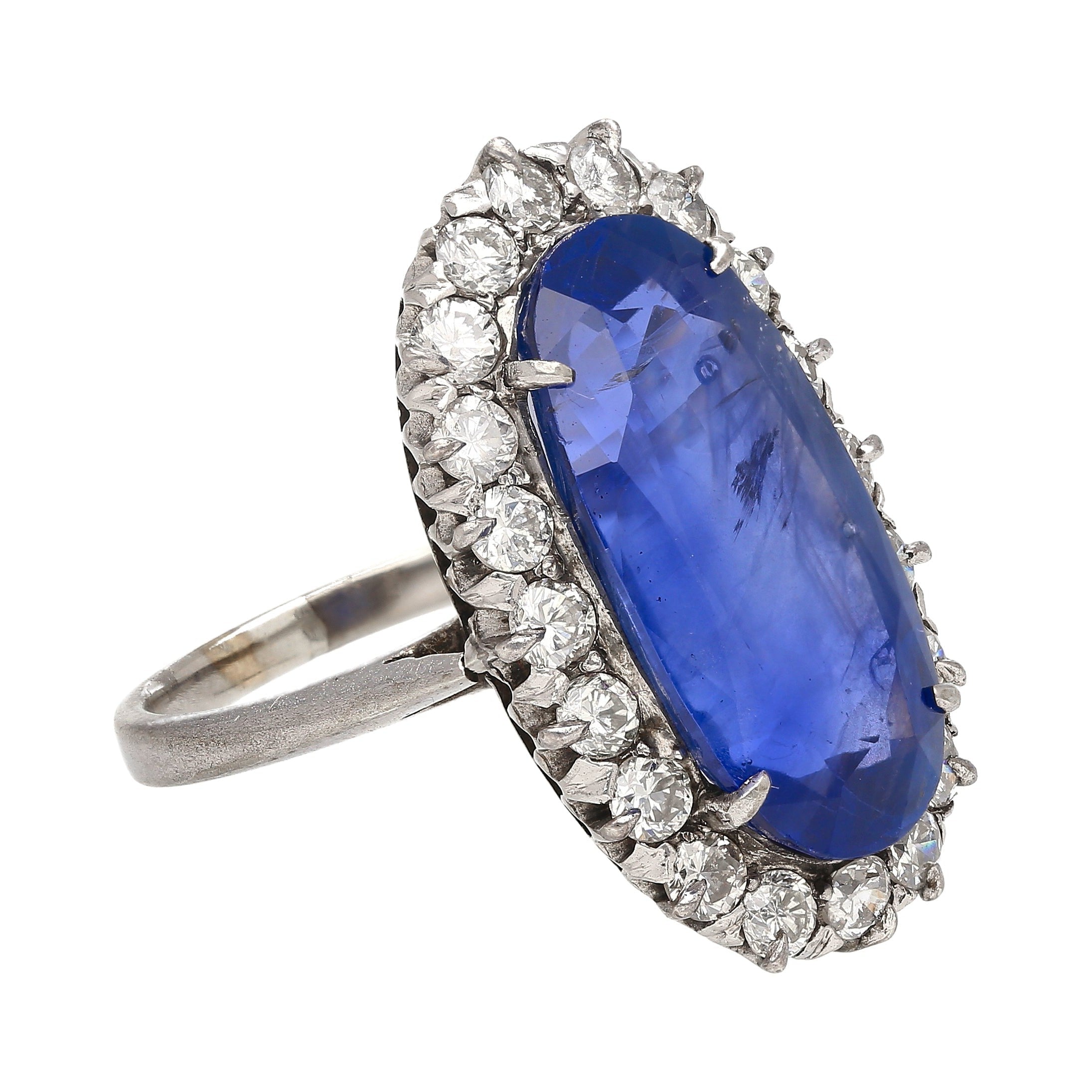 Antique Old Mine 11.3 Carat No Heat Burma Blue Sapphire & Diamond Halo Ring in Platinum-Rings-ASSAY