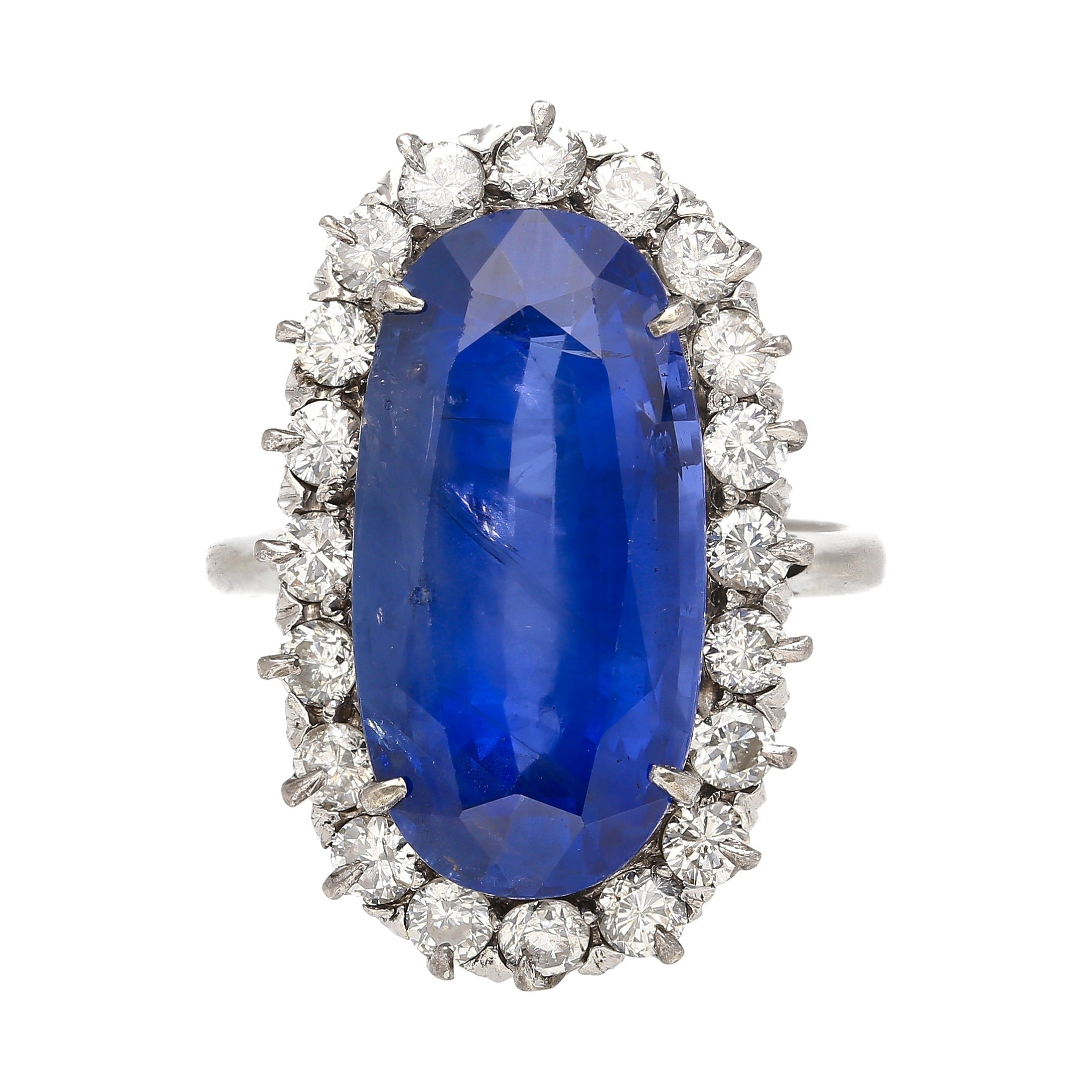 Antique Old Mine 11.3 Carat No Heat Burma Blue Sapphire & Diamond Halo Ring in Platinum-Rings-ASSAY