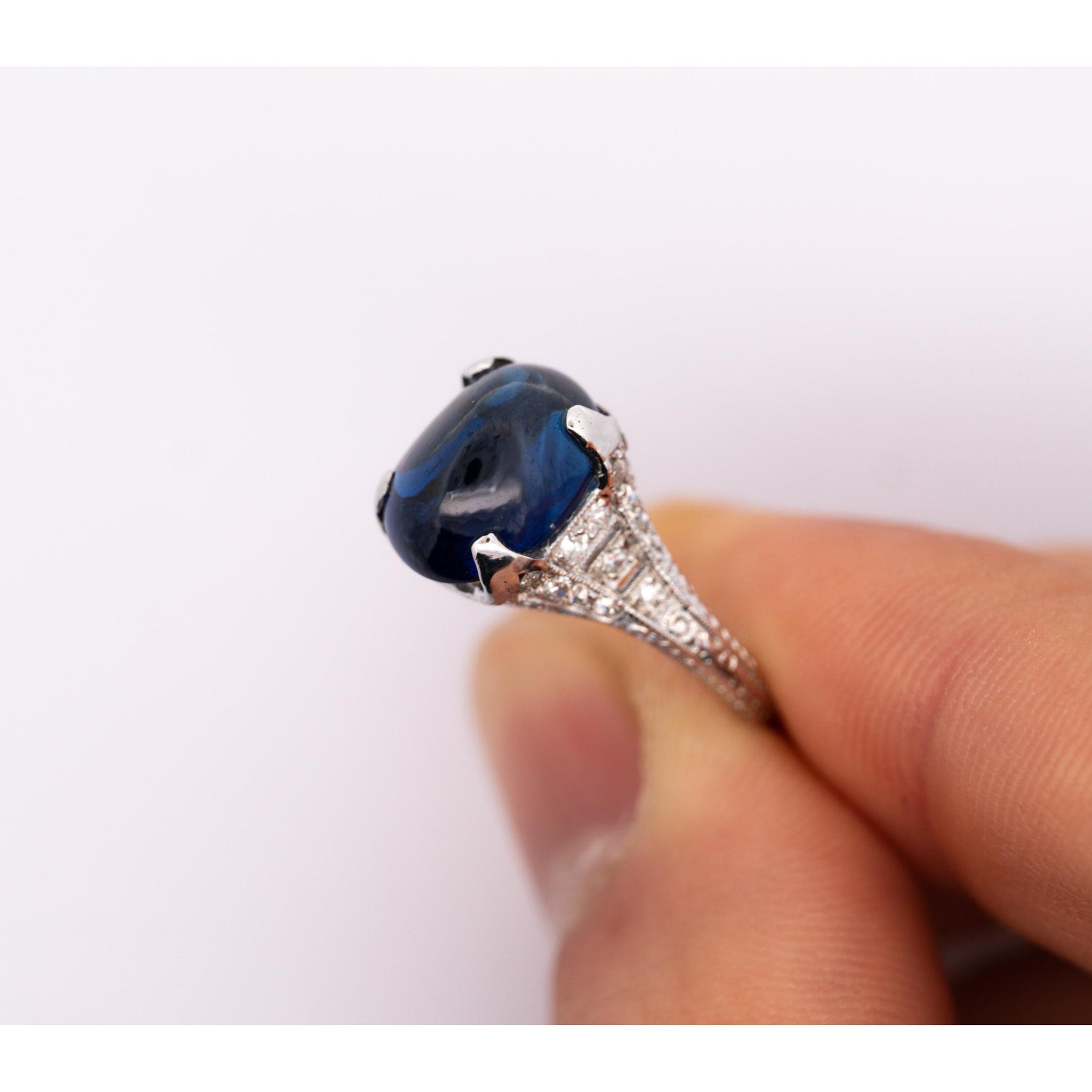 Antique Platinum Carat Cabochon-Cut Ceylon Sapphire Diamond