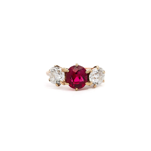 Antique Red Spinel and Old Mine Diamond 14K Yellow Gold Three-Stone Ring