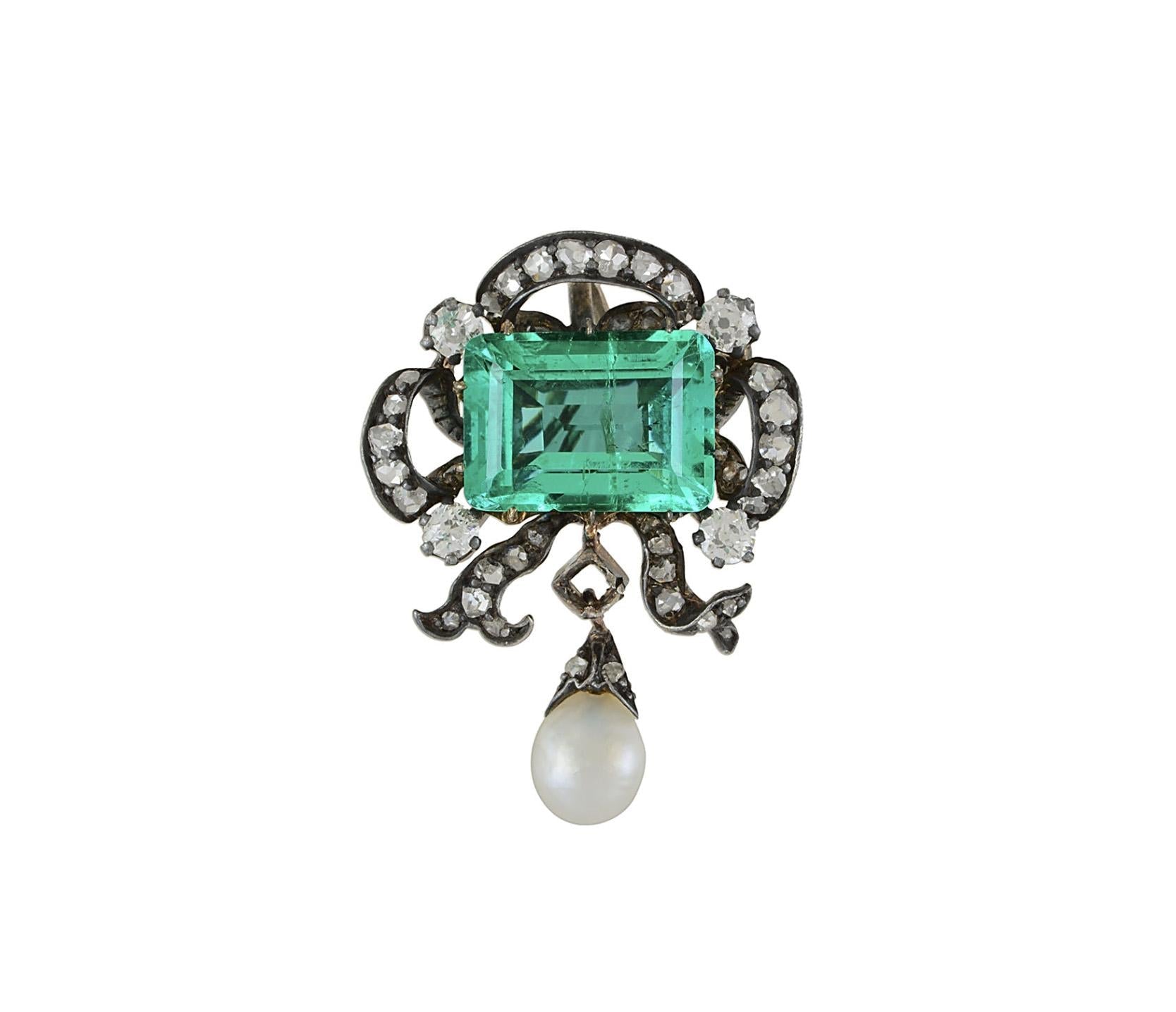 Antique Victorian Colombia Emerald, Pearl, & Old Mine Diamond Pendant Circa 1880