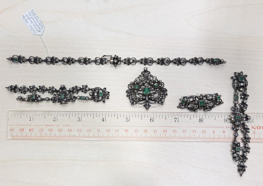 Antique Victorian Emerald Rose Cut Diamond Silver/Gold Parure Suite Necklace