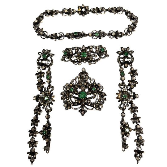 Antique Victorian Emerald Rose Cut Diamond Silver/Gold Parure Suite Necklace