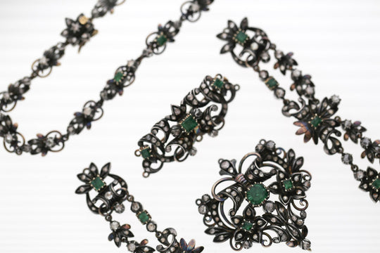 Antique Victorian Emerald Rose Cut Diamond Silver/Gold Parure Suite Necklace