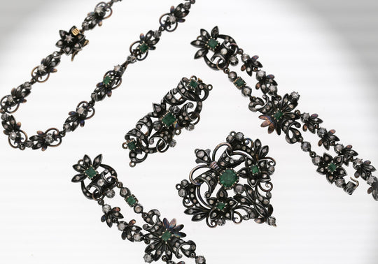 Antique Victorian Emerald Rose Cut Diamond Silver/Gold Parure Suite Necklace