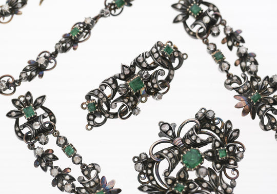 Antique Victorian Emerald Rose Cut Diamond Silver/Gold Parure Suite Necklace