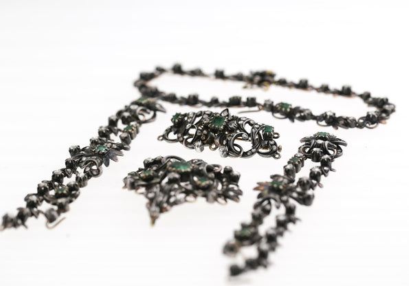 Antique Victorian Emerald Rose Cut Diamond Silver/Gold Parure Suite Necklace