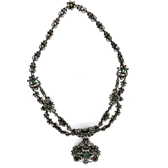 Antique Victorian Emerald Rose Cut Diamond Silver/Gold Parure Suite Necklace
