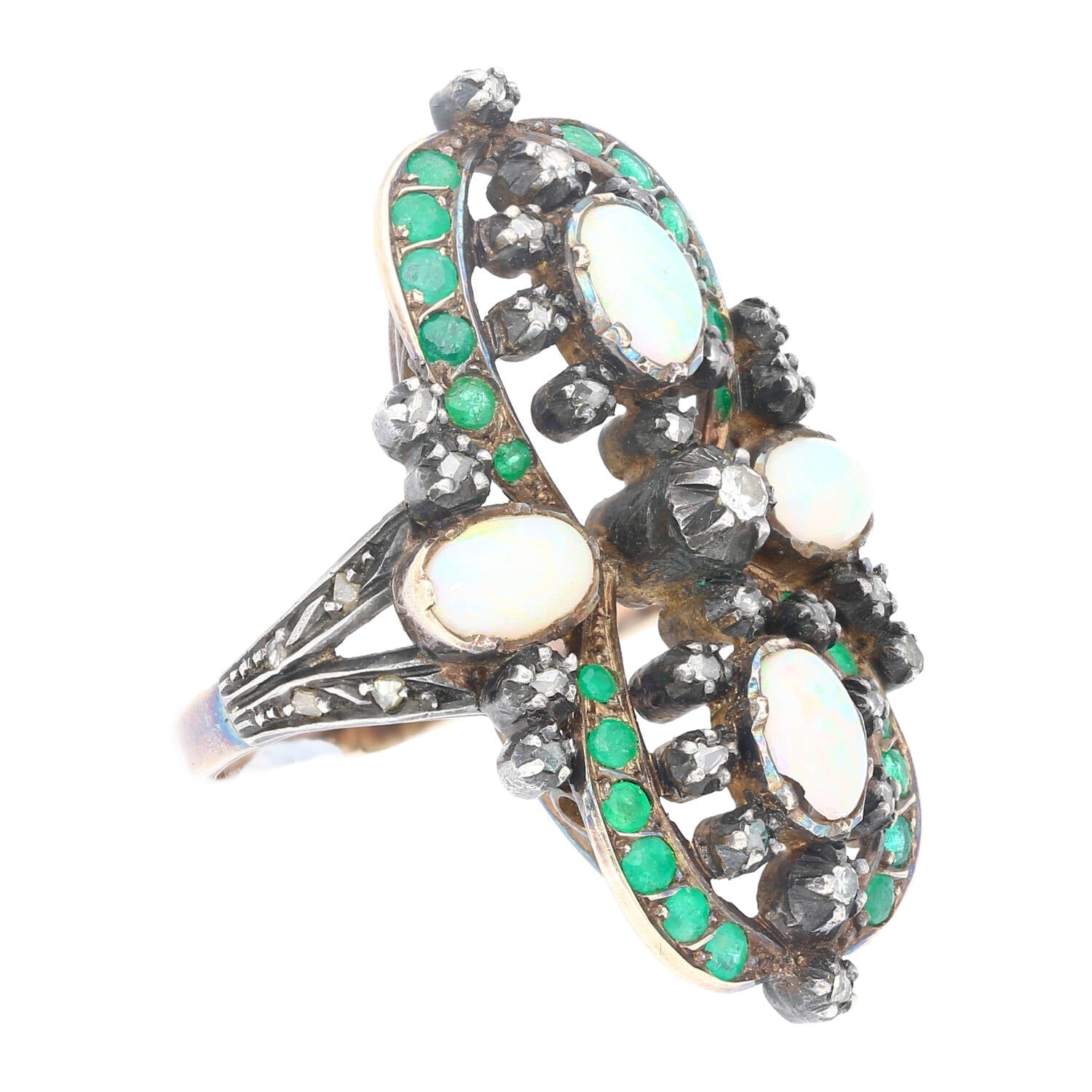 Antique Victorian Era 1800s Opal, Emerald, and Diamond Ring in Gold and Silver-Rings-ASSAY