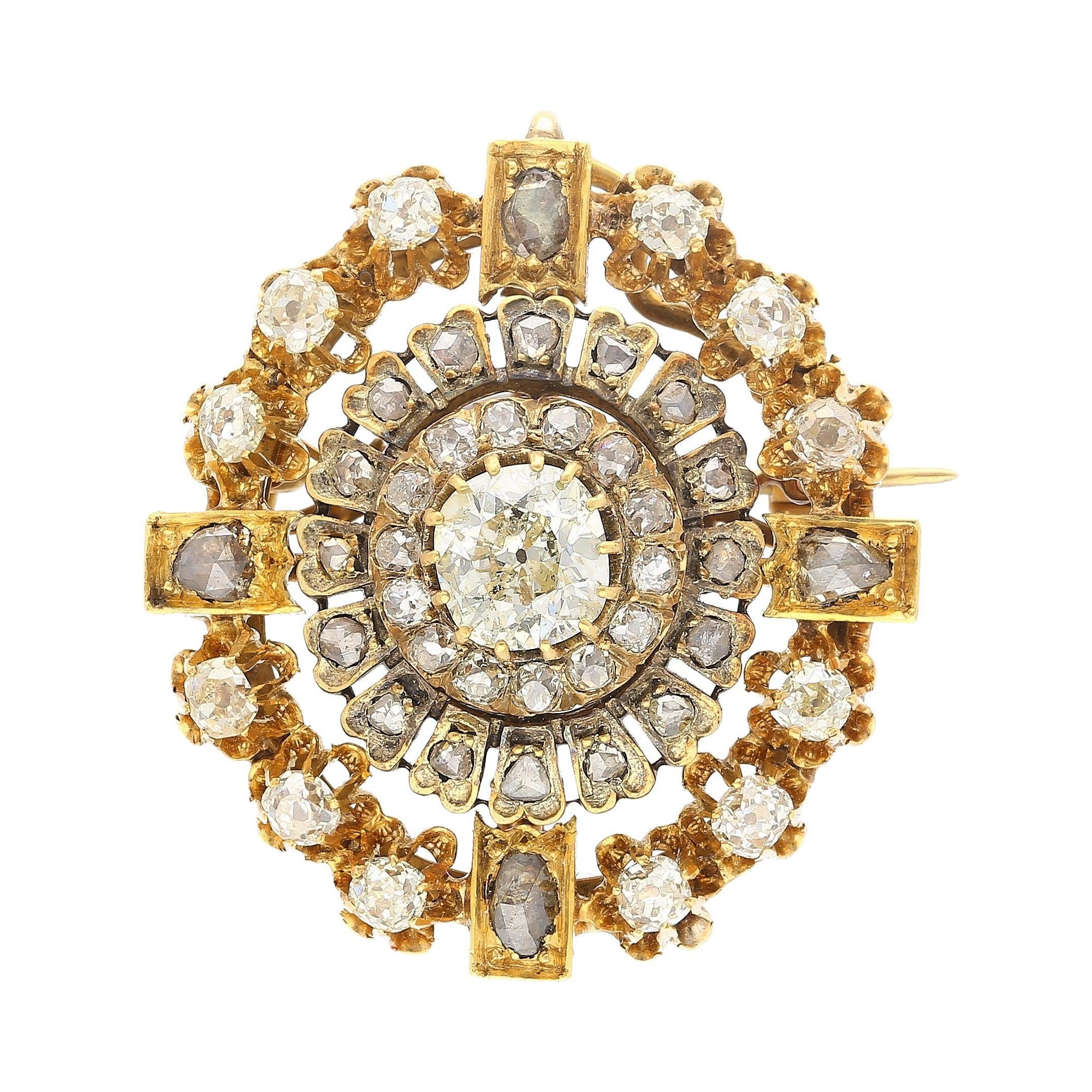 Antique Victorian Late 1800's 6.72 Carat Total Mixed Old Euro Cut Diamond Brooch-Brooches & Lapel Pins-ASSAY