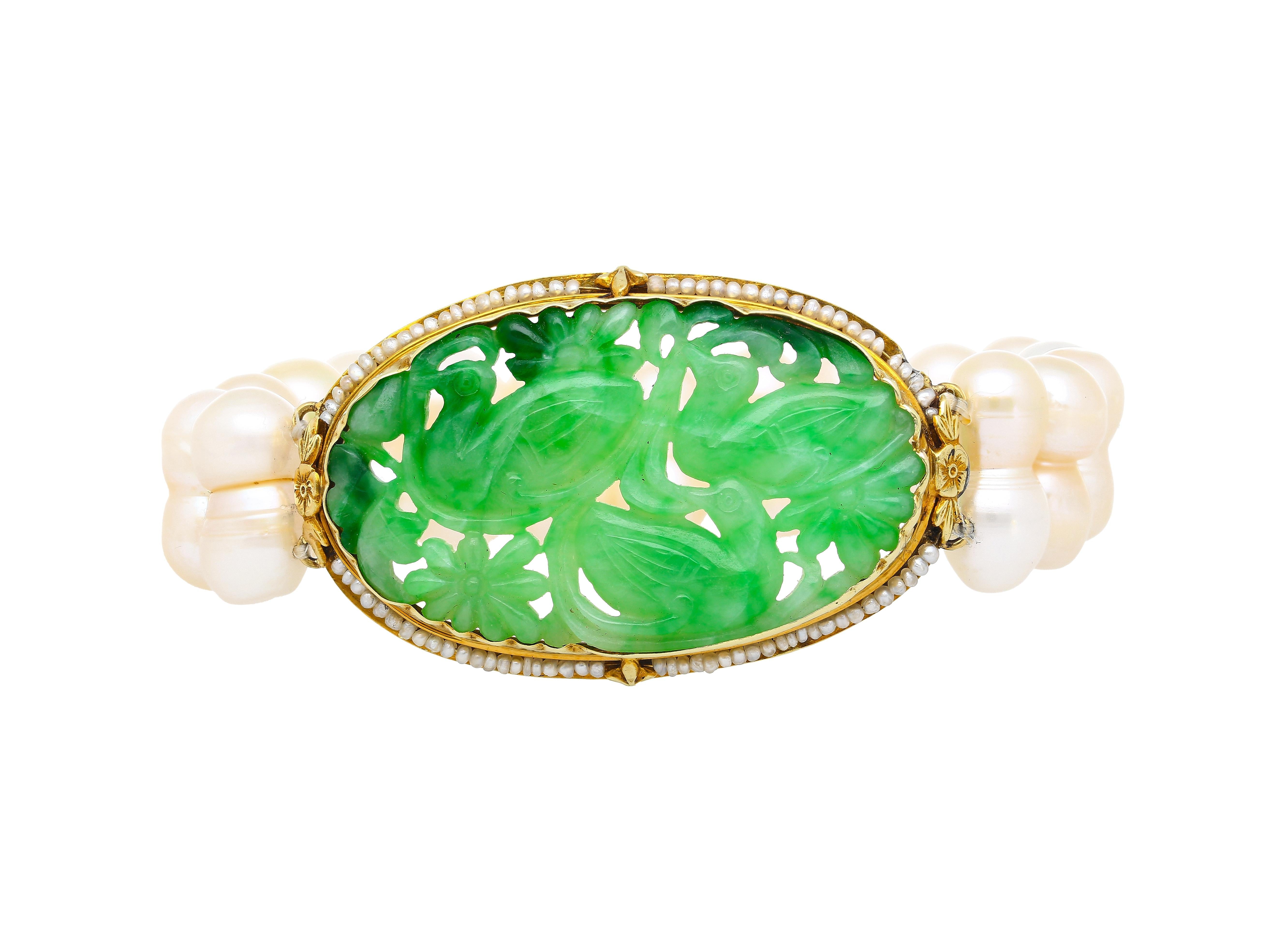 Antique Yellow Gold with Carved Jade and Pearl Pin Bracelet