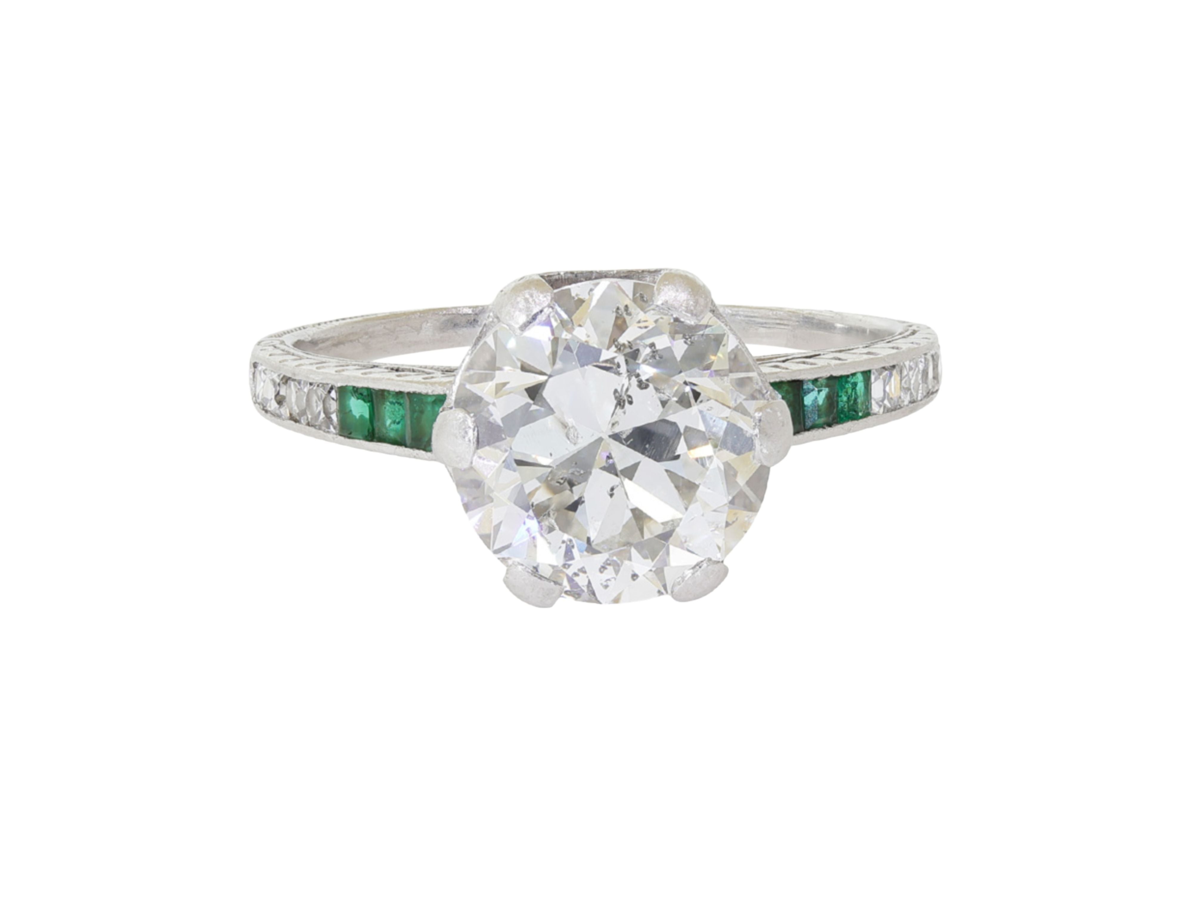 Art Deco 2.5 Carat Old Euro Cut Diamond & Emerald Engagement Ring in Platinum-Engagement Ring-ASSAY