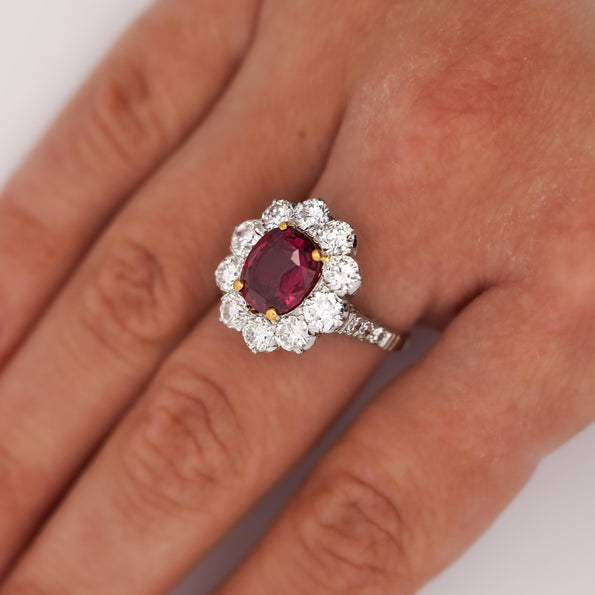Art Deco 4.05 Carat Ruby and Old Euro Diamond Halo Platinum Ring - AGL Certified