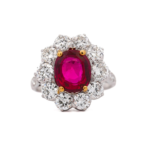 Art Deco 4.05 Carat Ruby and Old Euro Diamond Halo Platinum Ring - AGL Certified
