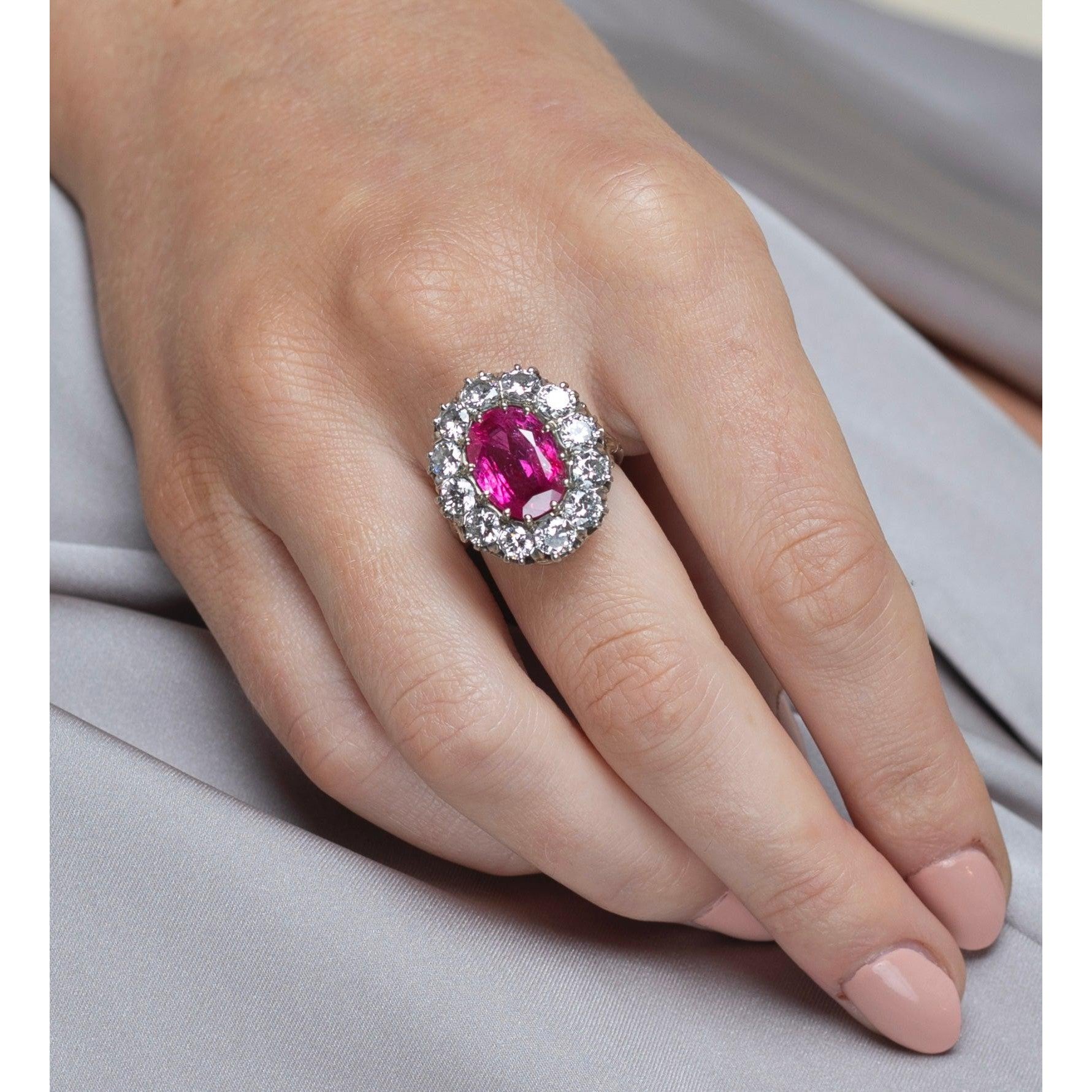 Art Deco AGL Certified No Heat 5.52 Carat Oval Cut Burma Ruby and Round Diamond Halo Ring-Rings-ASSAY