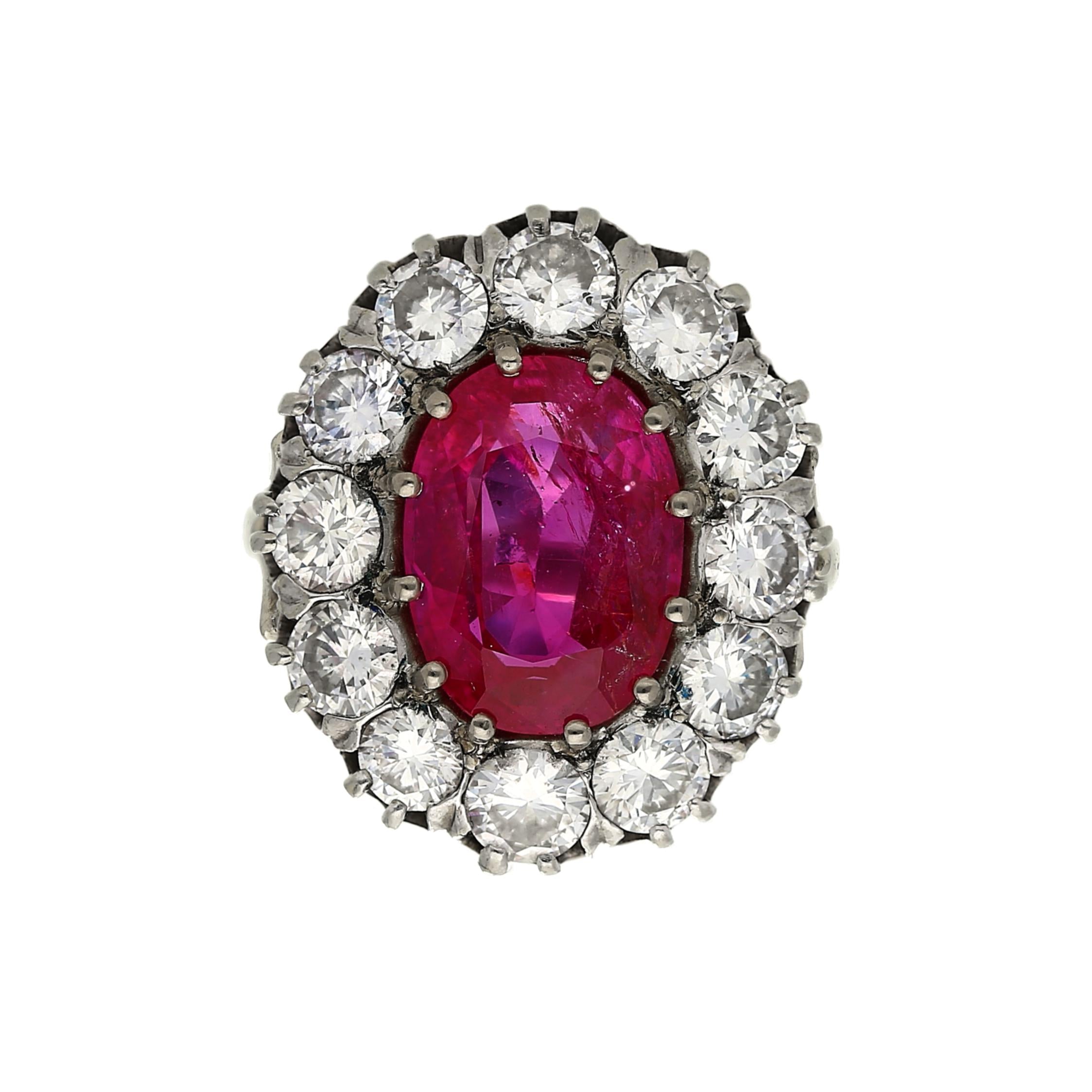 Art Deco AGL Certified 5.52 Carat Oval Cut Burma Ruby and Round Diamond Halo Ring-Rings-ASSAY