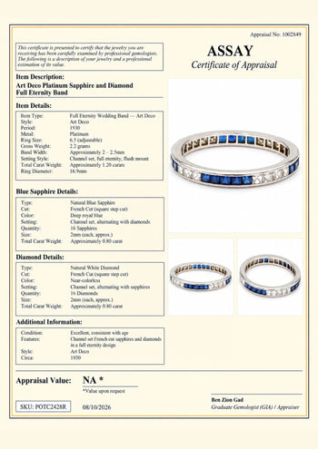 Ring زفاف بلاتين بطراز آرت ديكو مع ألماس فرينش كت وياقوت أزرق، دائري كامل – Assay Jewelers